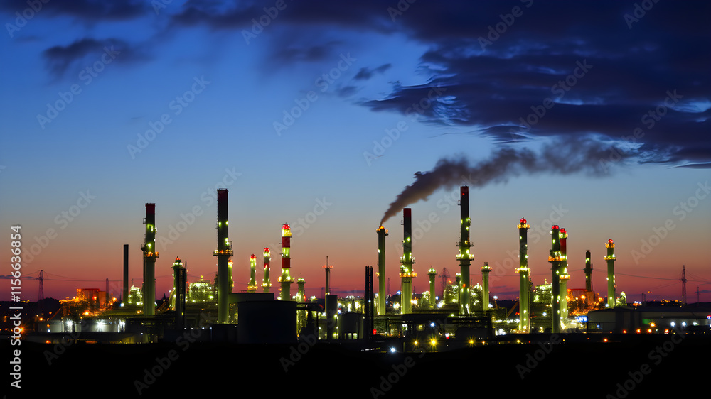 Fototapeta premium Oil refinery at twilight with blue sky and clouds in the background.