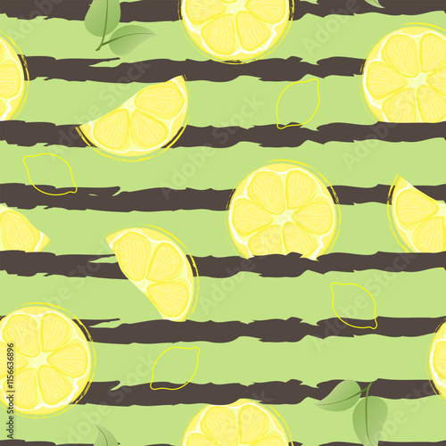 Seamless pattern with hand drawn lemon slice on striped background. Fresh organic fruit, healthy, vegan, raw food.