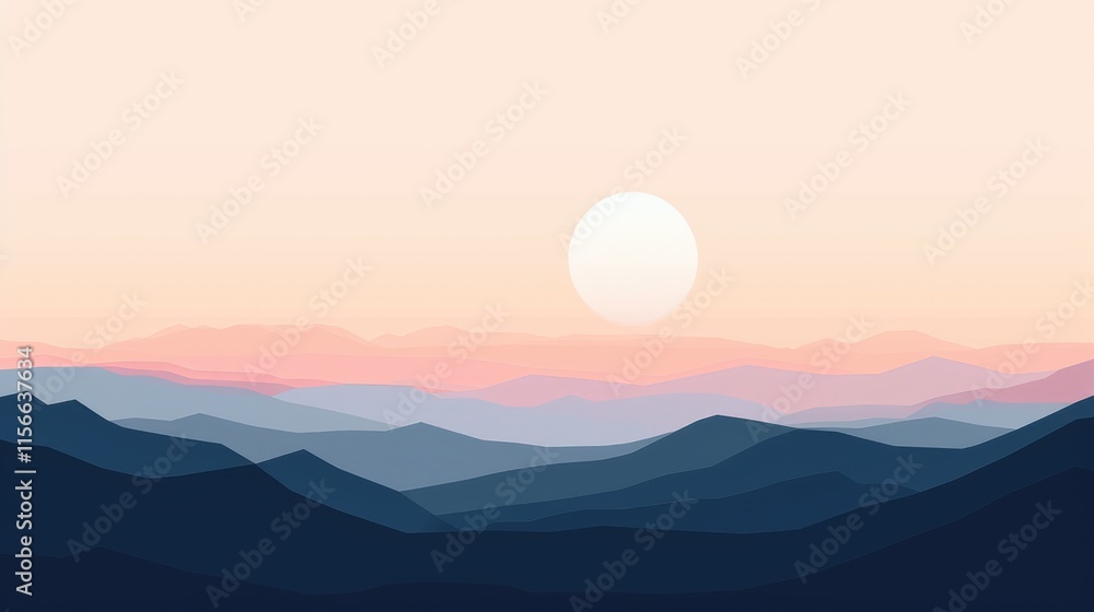 Fototapeta premium A serene landscape featuring layered mountains and a soft sunset.