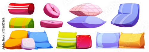 Color pillows set isolated on white background. Vector cartoon illustration of square, round, rectangle and roll shape pillows with striped, checkered pattern, home sleep textile, bedroom decoration