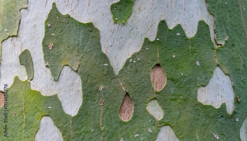 close-up of sycamore tree bark featuring smooth surface with natural mottled green and white patterns for botanical textures and nature designs
 photo