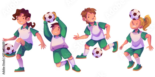Kids playing soccer set isolated on white background. Vector cartoon illustration of happy teen boys and girls running, jumping, kicking ball, team sports game, active lifestyle, healthy activity