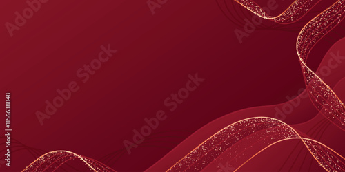 Luxury red background with golden glitter waves - elegant maroon backdrop decorated by shimmering curved lines and sparkles. Premium award ceremony design for exclusive presentation banners.