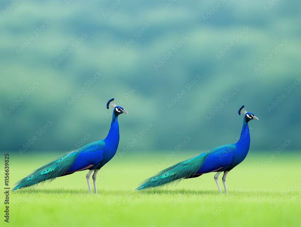 Fototapeta premium Peacock Showcases Rich Blue and Green Plumes in the Garden