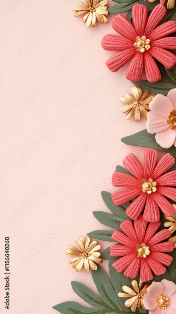 Floral arrangement with red and gold flowers on pastel background Floral arrangement with red and gold flowers on pastel background