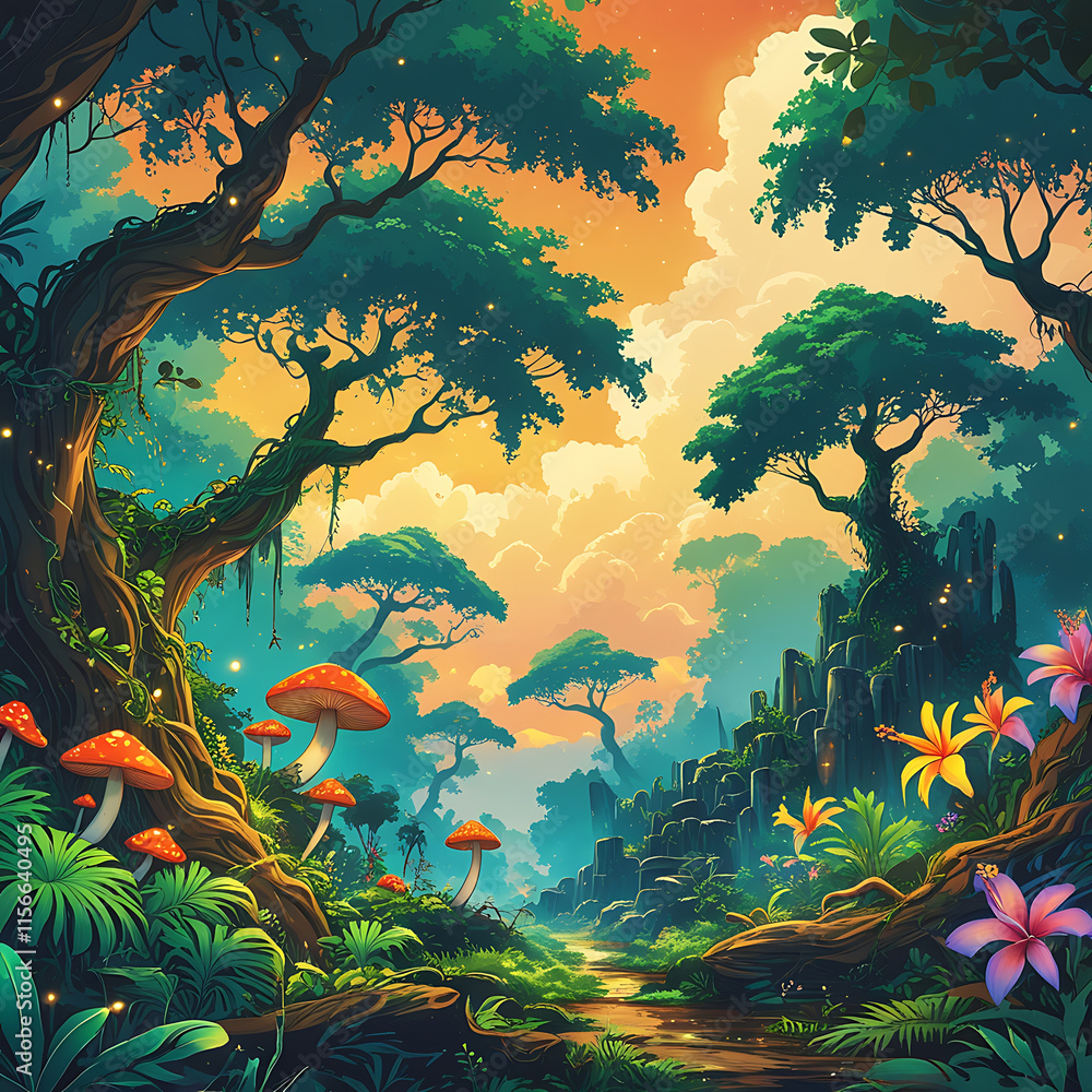 Exotic Forest with Strange and Beautiful mushroom. created by generative ai Exotic Forest with Strange and Beautiful mushroom. created by generative ai