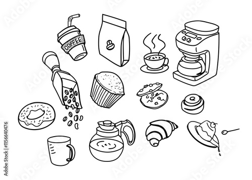 Set of hand drawn coffee and dessert shop doodle objects icons	