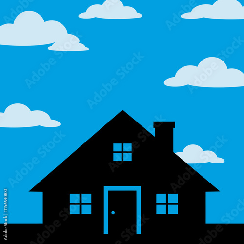 Minimalist Silhouette of a Traditional House with Triangular Roof, Chimney, and Windows Against a Blue Sky and White Clouds.
