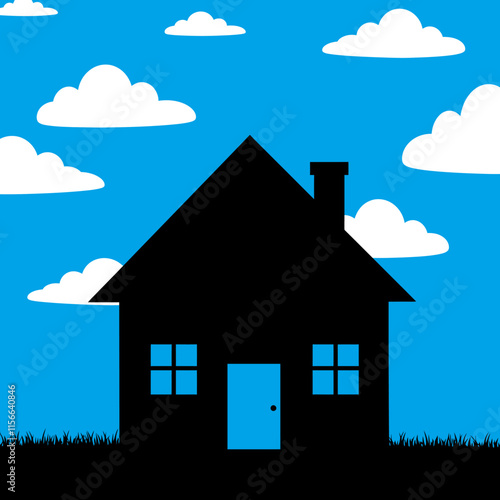 Minimalist Silhouette of a Traditional House with Triangular Roof, Chimney, and Windows Against a Blue Sky and White Clouds.
