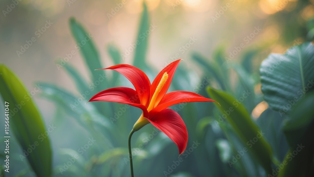 Vibrant Red Tropical Flower in Lush Foliage Vibrant Red Tropical Flower in Lush Foliage