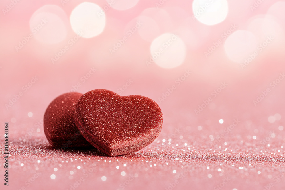 Fototapeta premium Sparkling red hearts on glittery pink background, perfect for Valentine's Day and romantic designs