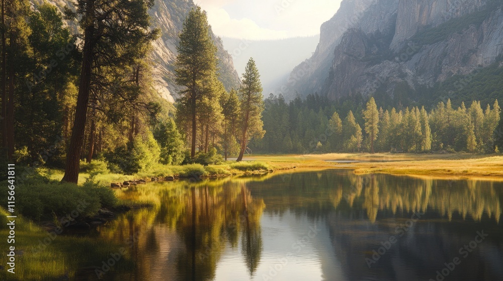 Fototapeta premium Serene Forest Landscape with Reflective Water Surfaces