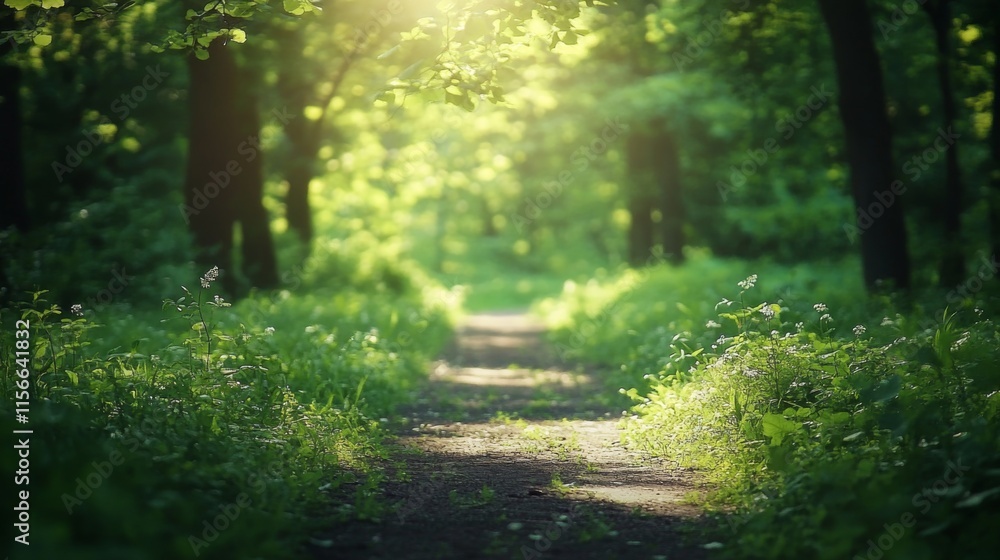 Obraz premium Serene Forest Pathway Bathed in Soft Natural Light