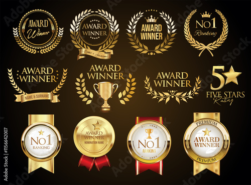 Award Golden luxury labels and badges premium quality certificate ribbons vector illustration 