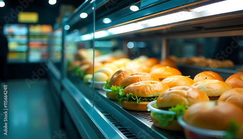 a refrigerated display case in a grocery store, filled with various food items such as pastries, sandwiches, and other prepared foods, bread display cabinet in grocery store,created with generative ai