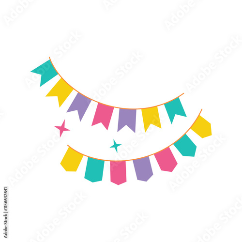 A string of colorful flags, perfect for decorating party venues or invitations.