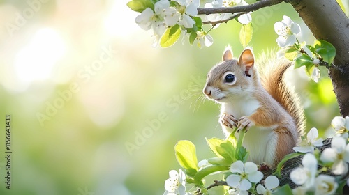 A charming squirrel perched among blooming flowers, basking in soft sunlight, showcasing a serene moment in nature.