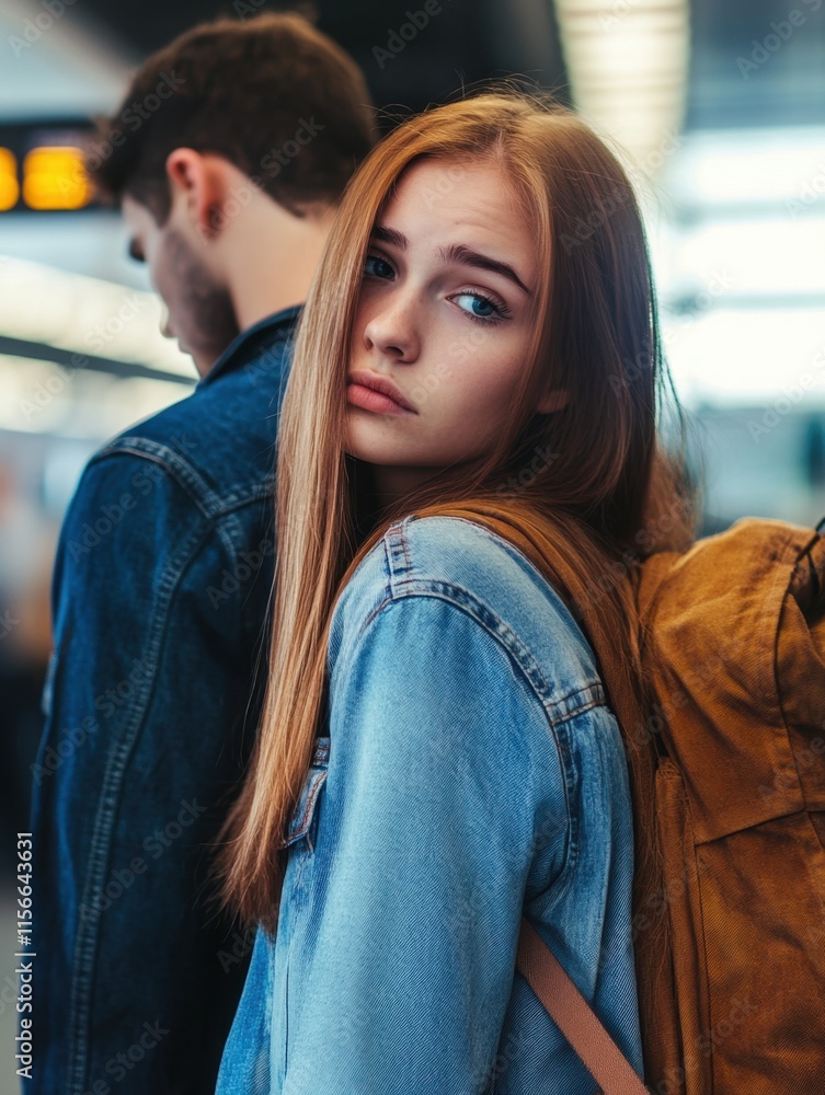 Sad young woman leaves her boyfriend in international airport Sad young woman leaves her boyfriend in international airport