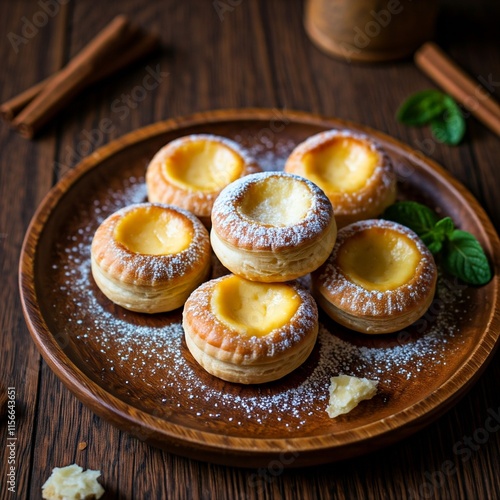 Rustic Queijadas de Sintra on Wooden Plate photo