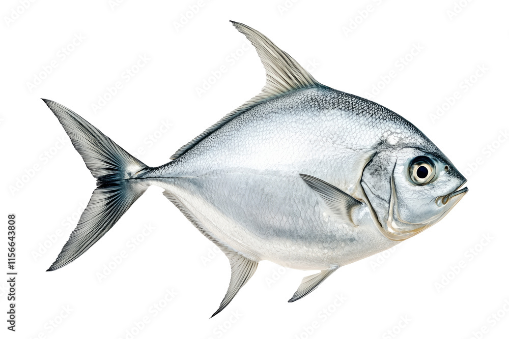 A silver Pomfret fish with striking details of fins and scales isolated on white Transparent background. Represents aquatic life and marine biology A silver Pomfret fish with striking details of fins and scales isolated on white Transparent background. Represents aquatic life and marine biology