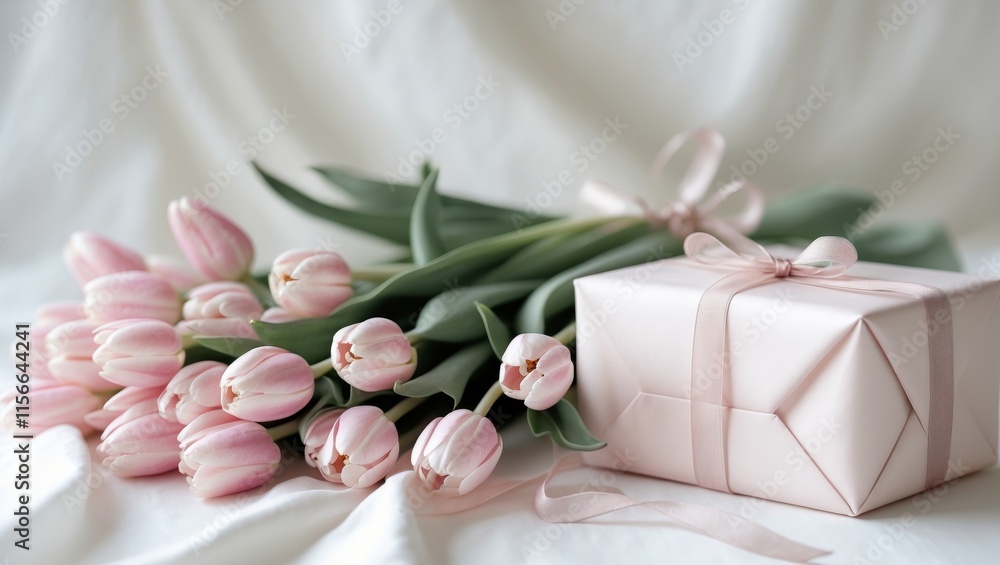 Soft Elegance Bouquet of Pink Tulips with a Wrapped Gift Soft Elegance Bouquet of Pink Tulips with a Wrapped Gift