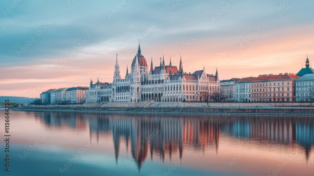 Obraz premium Serene Reflection of a Historic Building at Dusk
