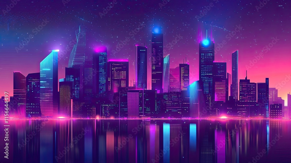 Neon Cityscape at Night: A Futuristic Metropolis Reflecting in Calm Waters Neon Cityscape at Night: A Futuristic Metropolis Reflecting in Calm Waters