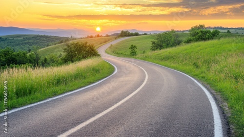 Serene Road at Golden Hour with Urban Backdrop