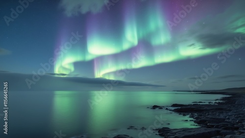 Northern Lights Over Serene Coastal Landscape