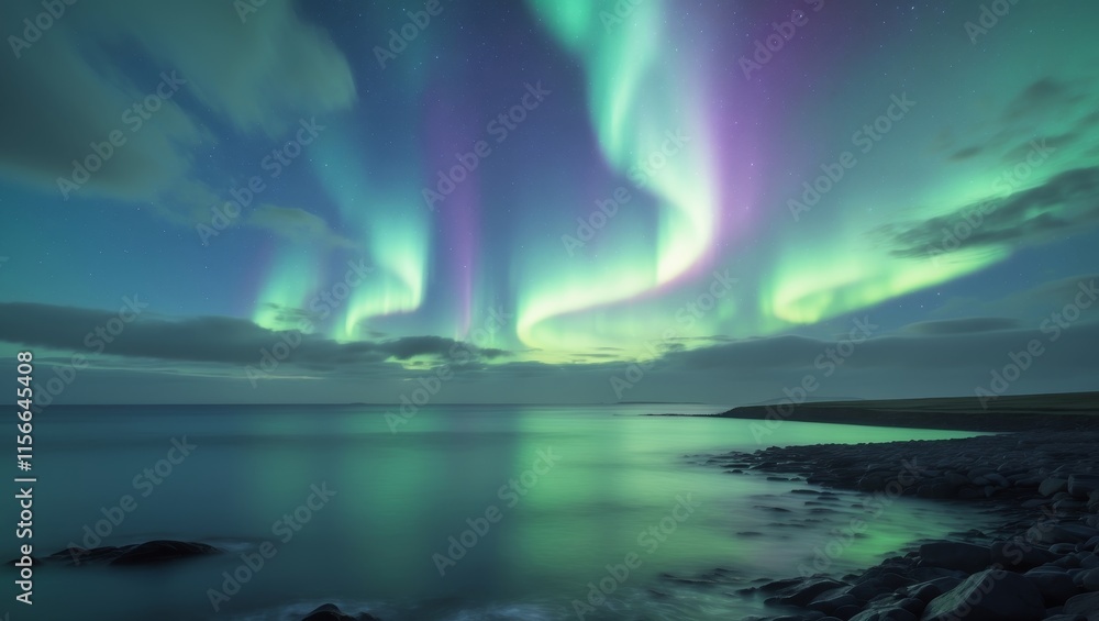 Northern Lights Over Serene Coastal Landscape Northern Lights Over Serene Coastal Landscape
