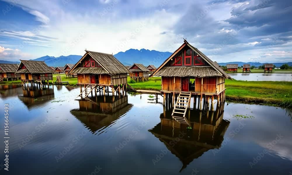 Serene Lakeside Retreat: Traditional Wooden Stilt Houses on Calm Waters, Perfect for Relaxation and Photography Serene Lakeside Retreat: Traditional Wooden Stilt Houses on Calm Waters, Perfect for Relaxation and Photography