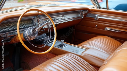 Classic Vintage Car Interior: Luxurious Brown Leather and Chrome Details of a Retro Automobile photo