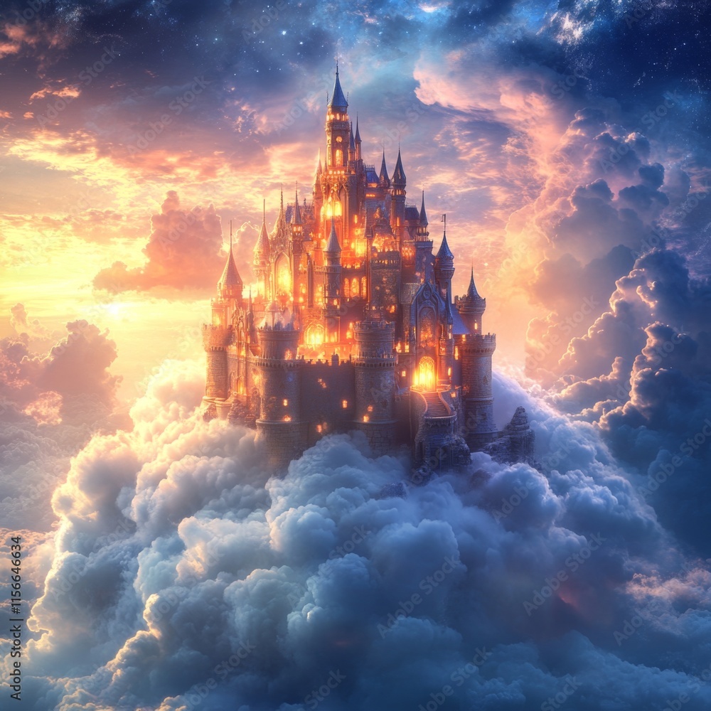Fototapeta premium Majestic castle perched atop fluffy clouds at sunset, glowing warmly.