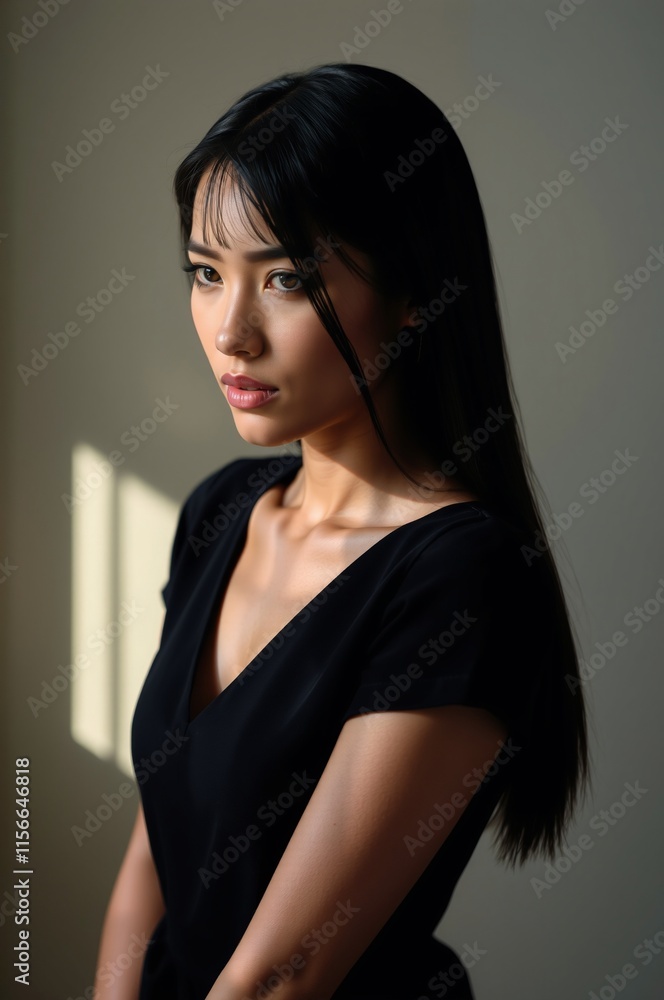 Fototapeta premium Elegant Side Portrait of a Young Woman with Long Black Hair in Soft Natural Light