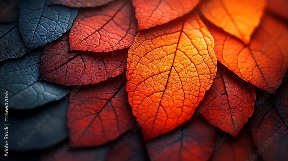 Fototapeta premium Autumn Leaves in Shades of Red and Dark Gray