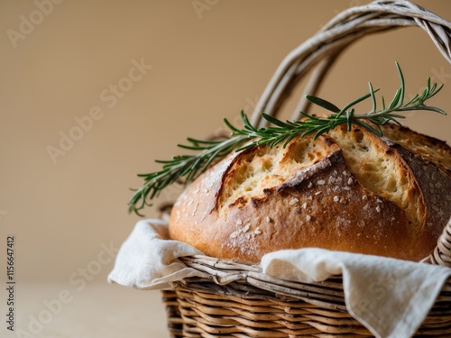 A closeup of fresh baked bread with sprigs of rosemary in a basket photo