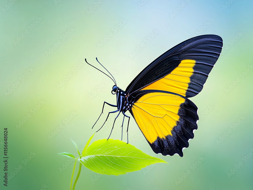 Obraz premium Vibrant Yellow and Black Butterfly Rests on a Delicate Flower Petal