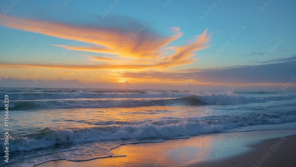 Fototapeta premium Dramatic sunset with vibrant colors over a turbulent ocean beach