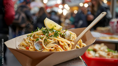 Linguine alle Vongole Served in Paper Boat with Lemon and Herbs photo