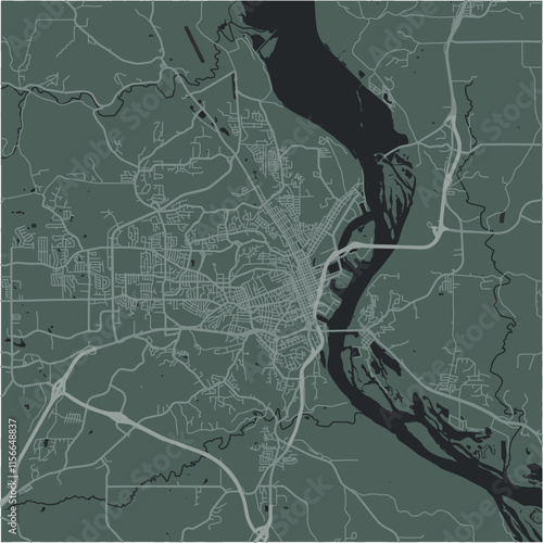 Map of Dubuque in Iowa in a smooth dark style. Contains layered vector with roads water, parks, etc.