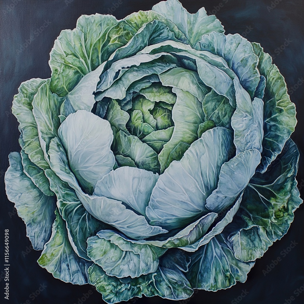 Obraz premium Closeup of a cabbage, vibrant green hues, detailed botanical painting