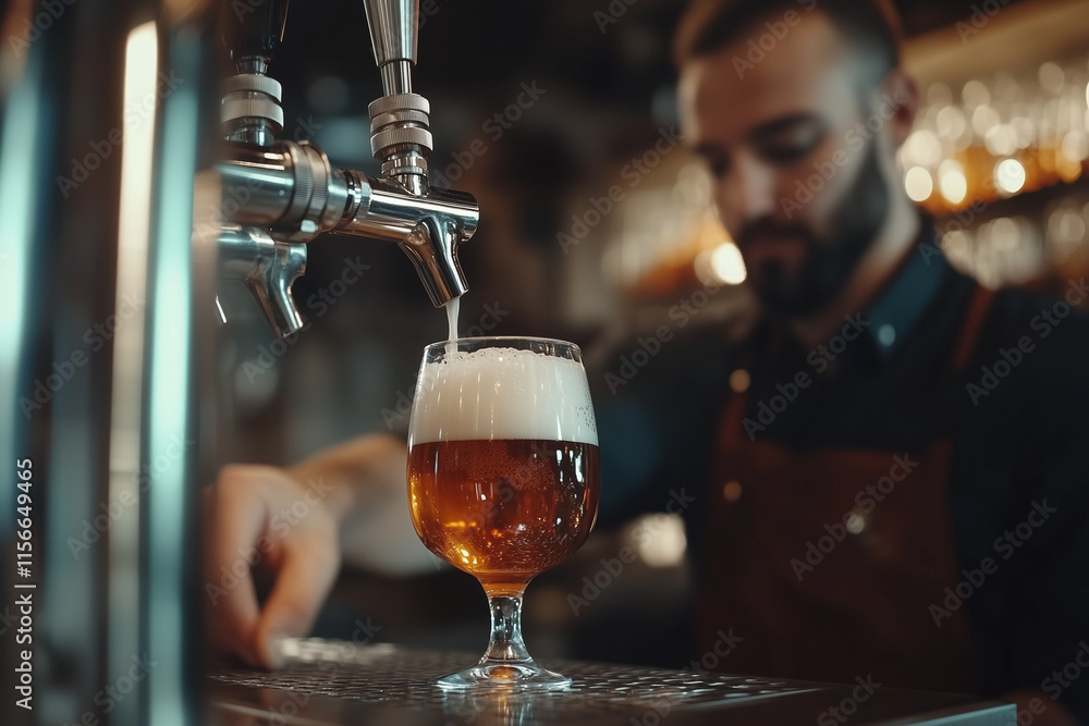 Bartender in bar pouring beer into glass from keg tap on bar counter background. Bartender in bar pouring beer into glass from keg tap on bar counter background.