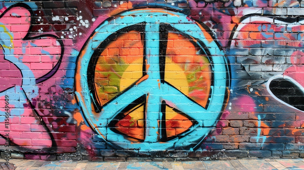 Obraz premium A peace sign painted in blue, yellow, and black on a brick wall.