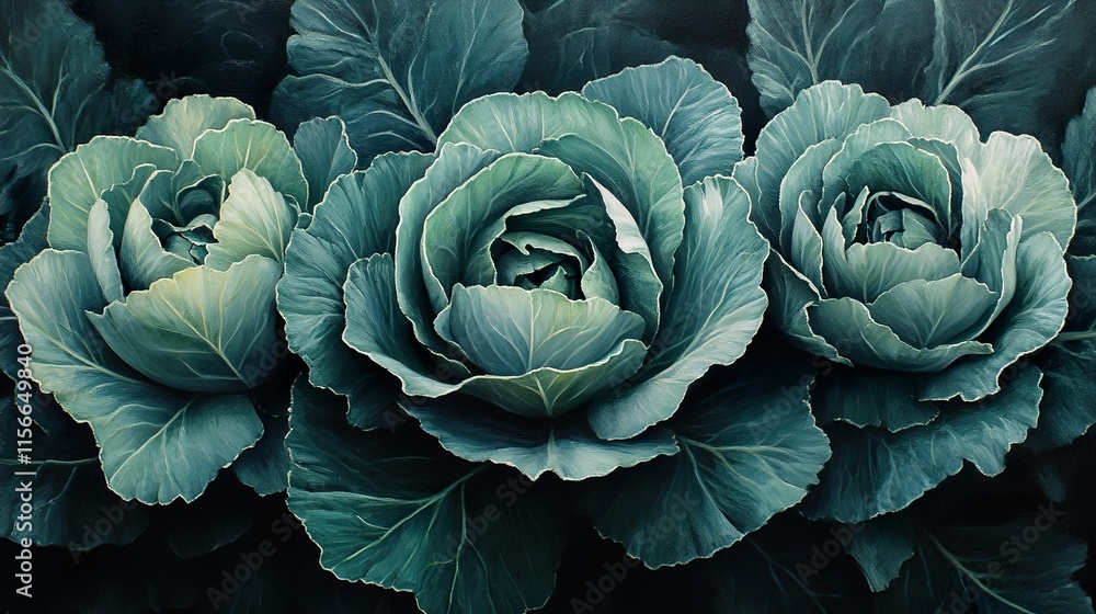 Obraz premium Close-up of three vibrant green cabbages, showcasing their intricate textures and patterns