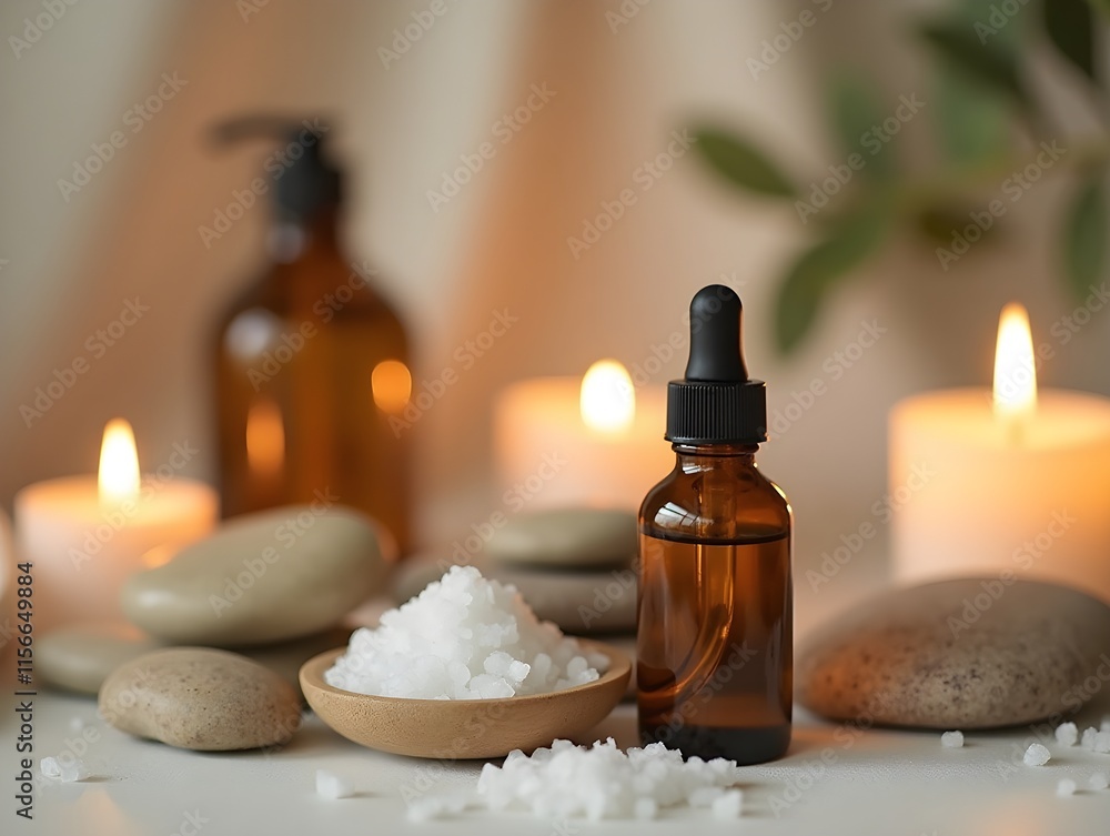 A collection of eco-friendly beauty essentials is displayed, featuring a glass dropper bottle of oil, natural salt, stones, and lit candles. A collection of eco-friendly beauty essentials is displayed, featuring a glass dropper bottle of oil, natural salt, stones, and lit candles.