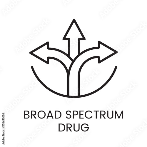 An icon of three diverging arrows over a curved line in vector, representing the effects of a broad spectrum drug, with an editable stroke
