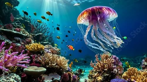 Wallpaper Mural Video footage of vibrant underwater scene featuring a large, colorful jellyfish surrounded by various fish and coral reefs, illuminated by sunlight filtering through the water Torontodigital.ca