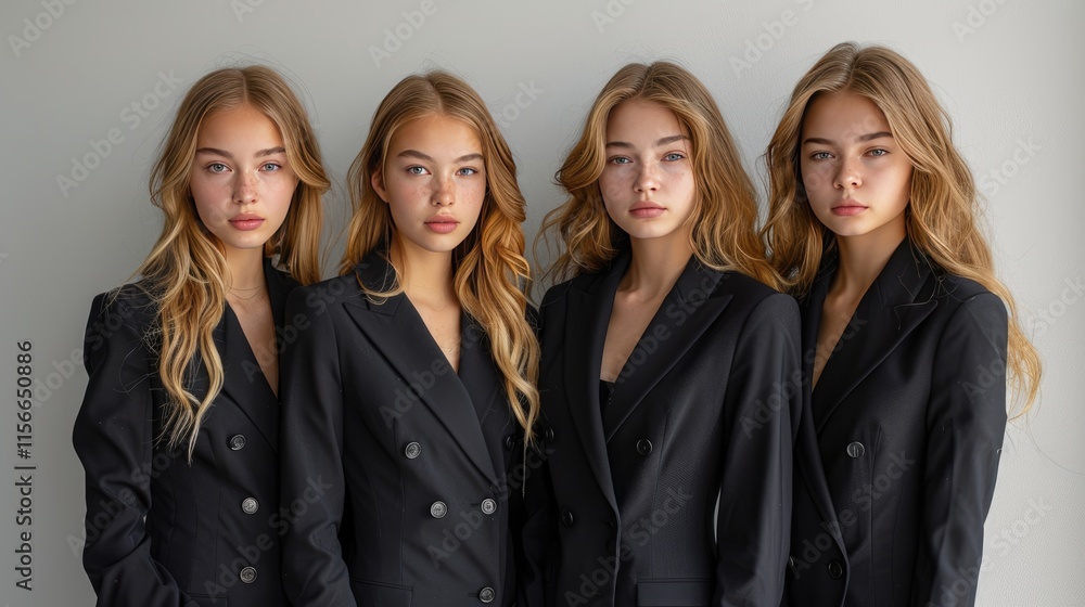 Four women in stylish black suits posing together in a modern setting. Four women in stylish black suits posing together in a modern setting.