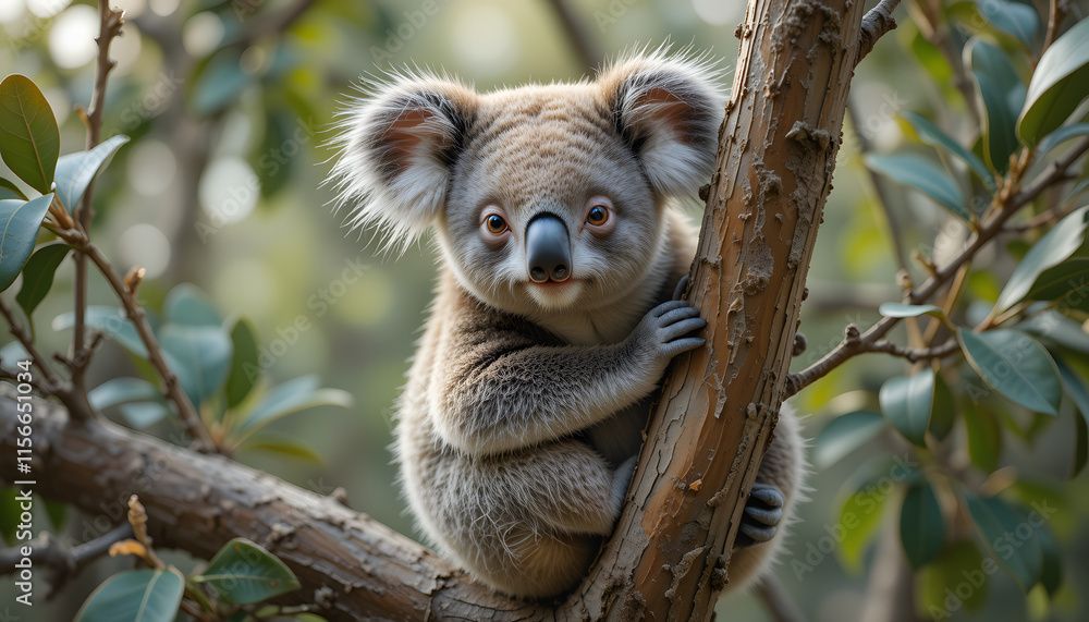 Fototapeta premium Adorable koala sitting on eucalyptus tree branch.
