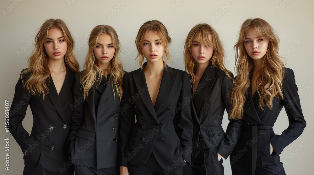 A group of five individuals in stylish black suits posing together against a neutral background. A group of five individuals in stylish black suits posing together against a neutral background.